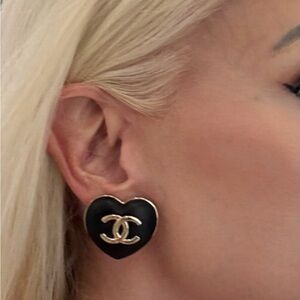 CHANEL Heart Earrings in Black and Gold